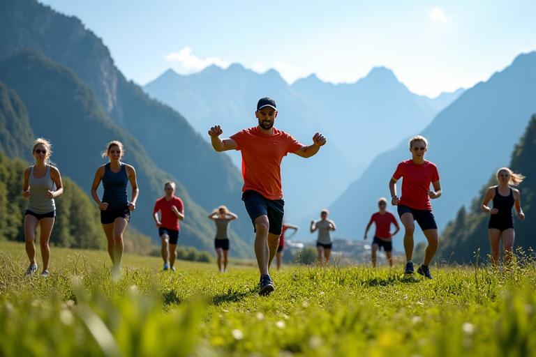 Gruppe trainiert bei einem Outdoor Bootcamp in der Tiroler Berglandschaft